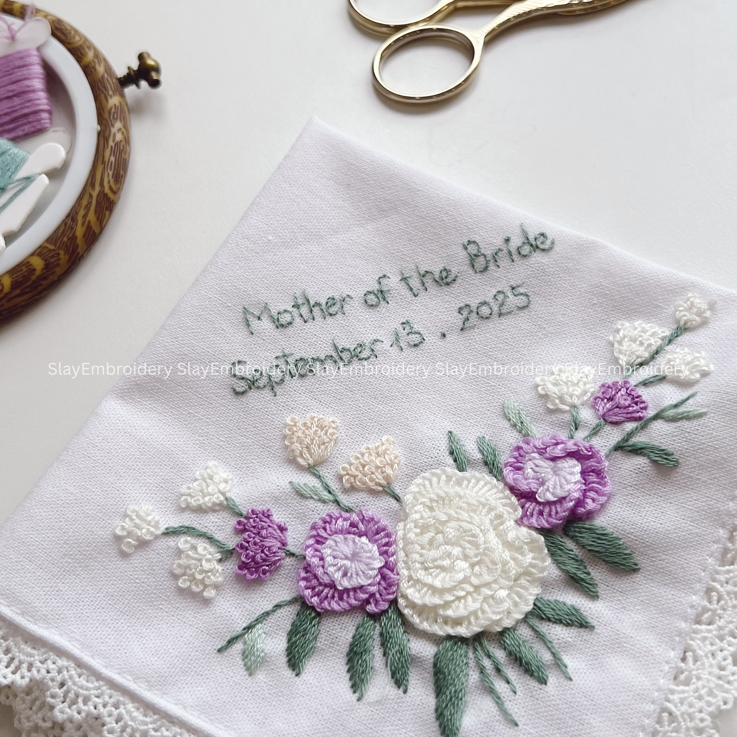 3D White and Purple Roses Wedding Handkerchief, Custom Embroidered Handkerchief, Linen Handkerchiefs