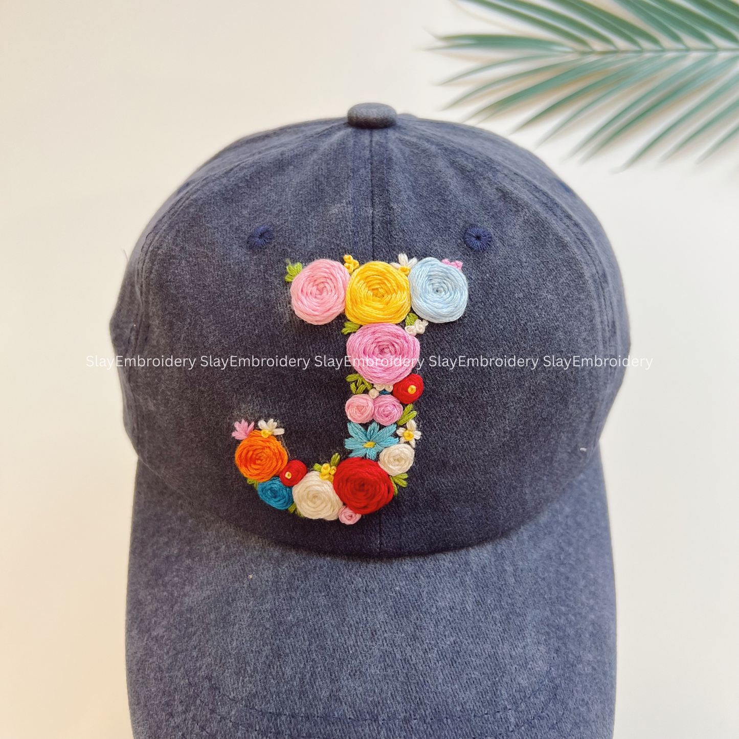 Floral "J" Summer Hand Embroidery Hat Vintage Hat Washed Baseball Cap