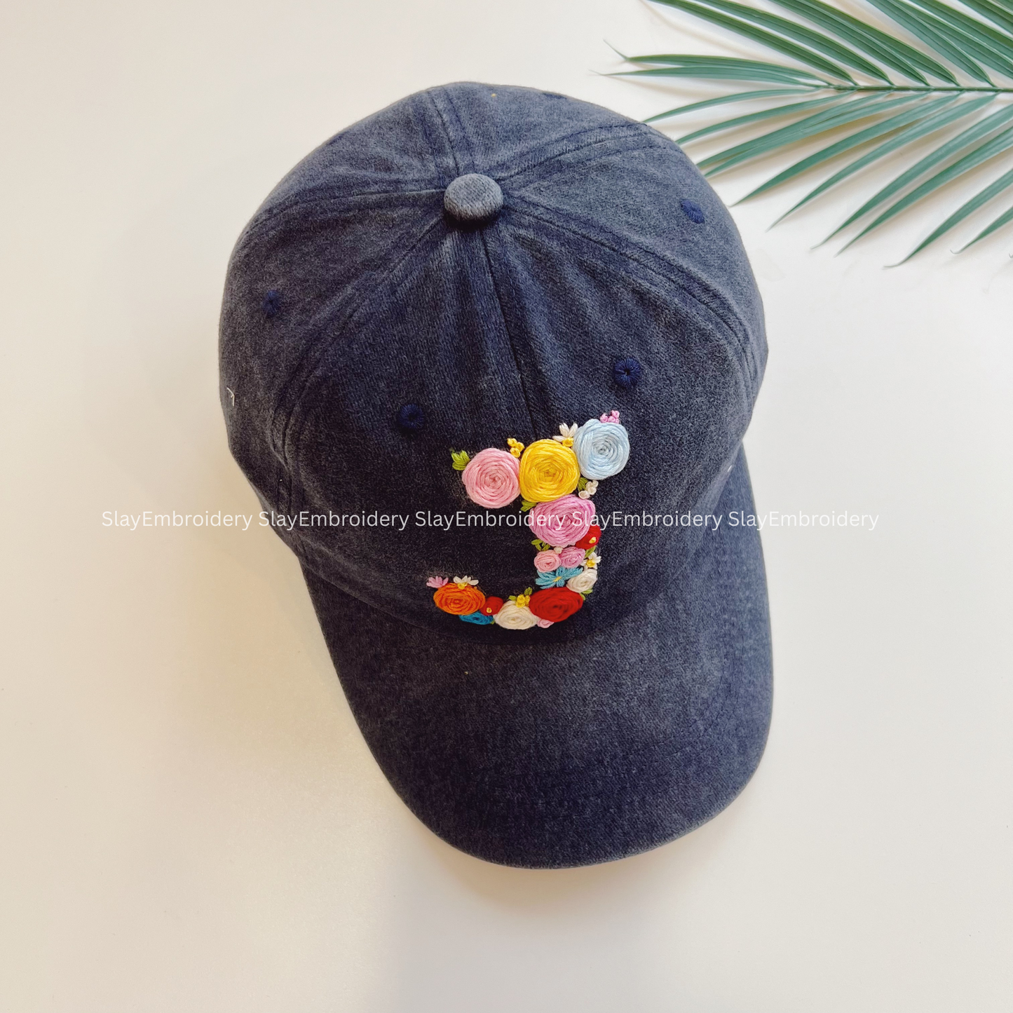 Floral "J" Summer Hand Embroidery Hat Vintage Hat Washed Baseball Cap