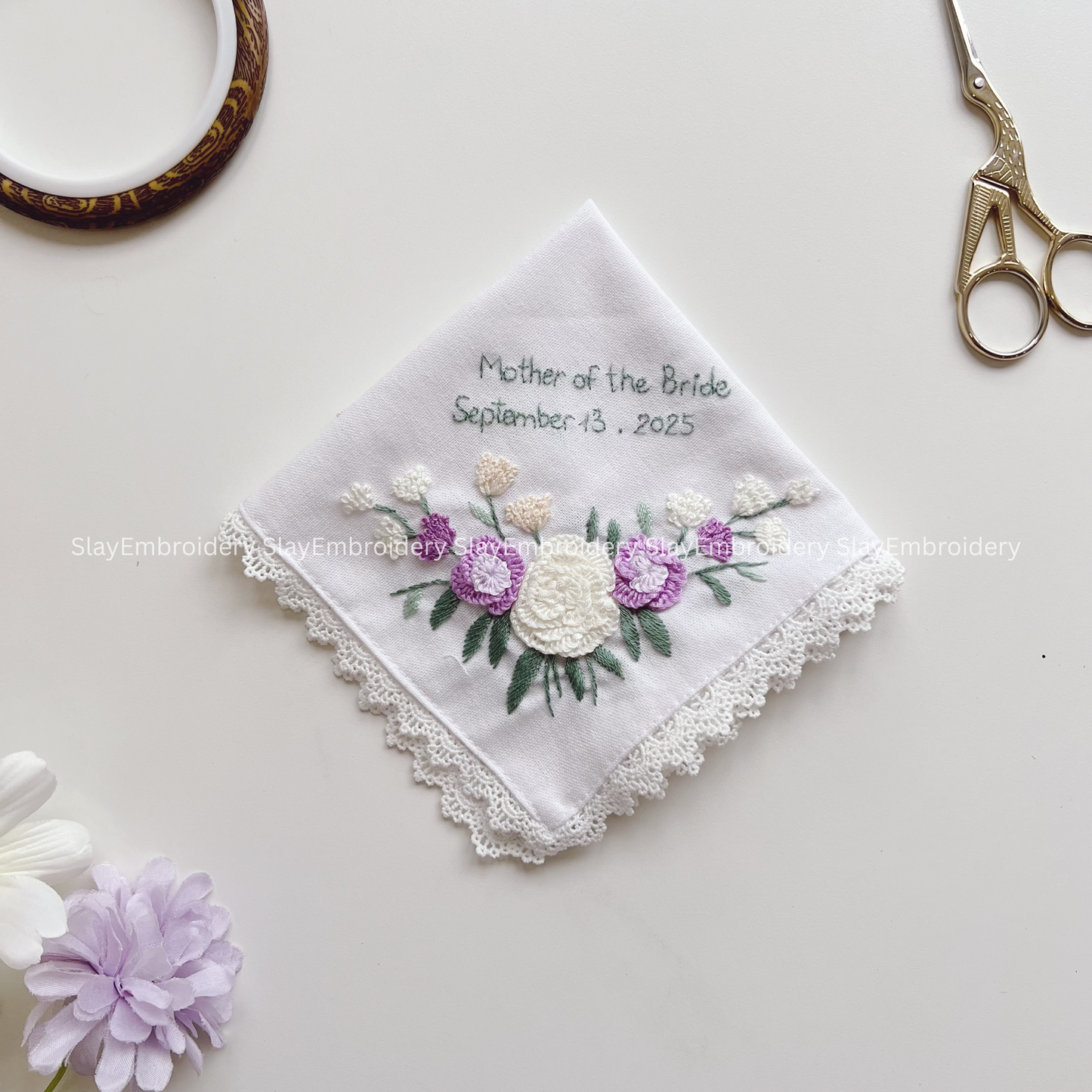 3D White and Purple Roses Wedding Handkerchief, Custom Embroidered Handkerchief, Linen Handkerchiefs