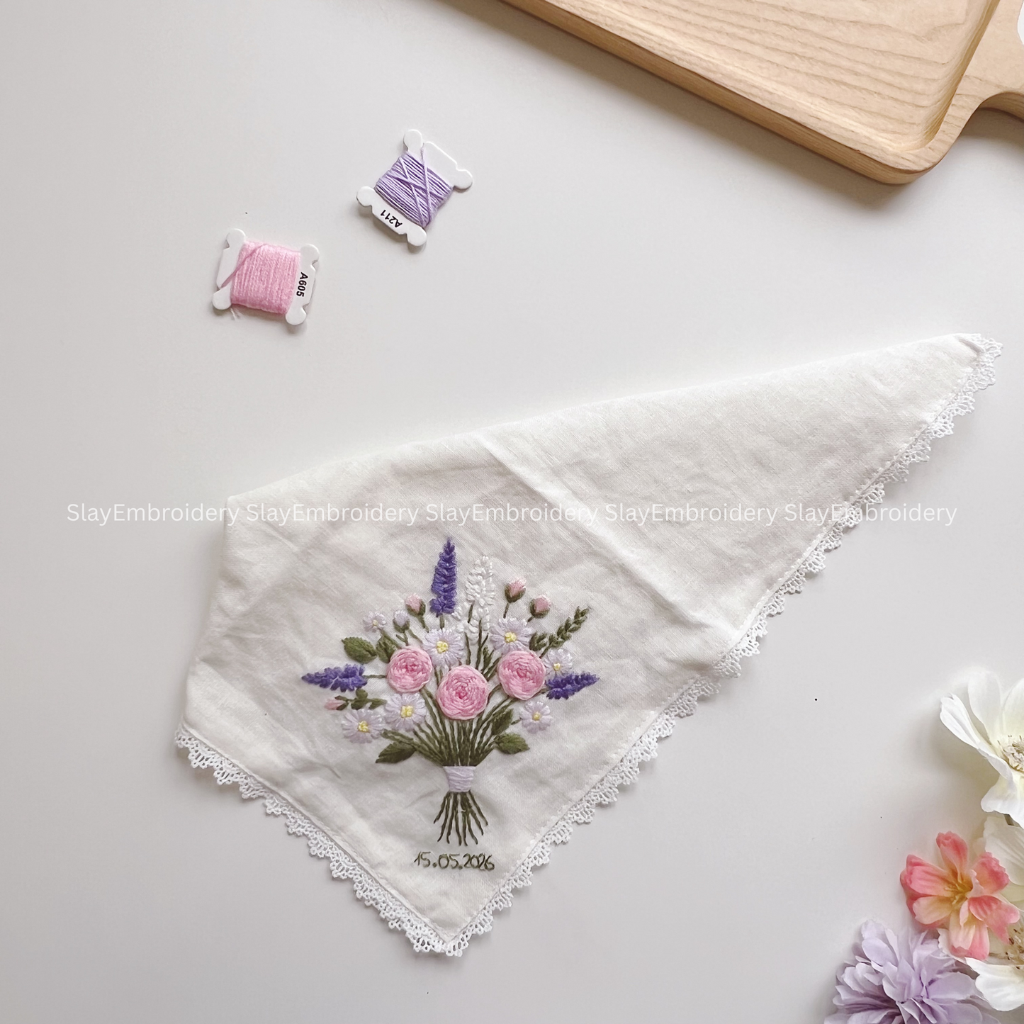 Flower Bouquet Wedding Handkerchief, Custom Embroidered Handkerchief, Linen Handkerchiefs