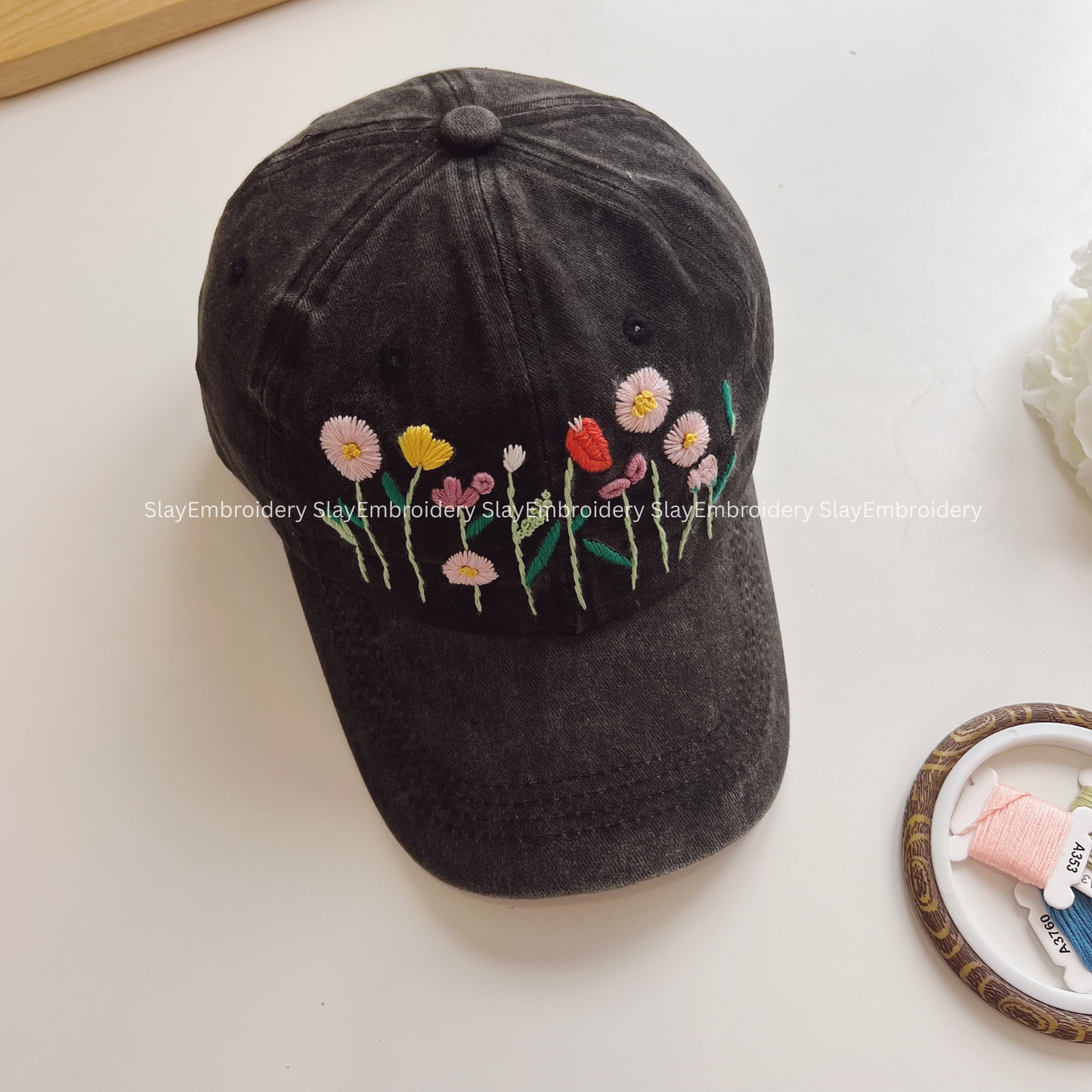 Floral Whispers Summer Hand Embroidery Hat Vintage Hat Washed Baseball Cap