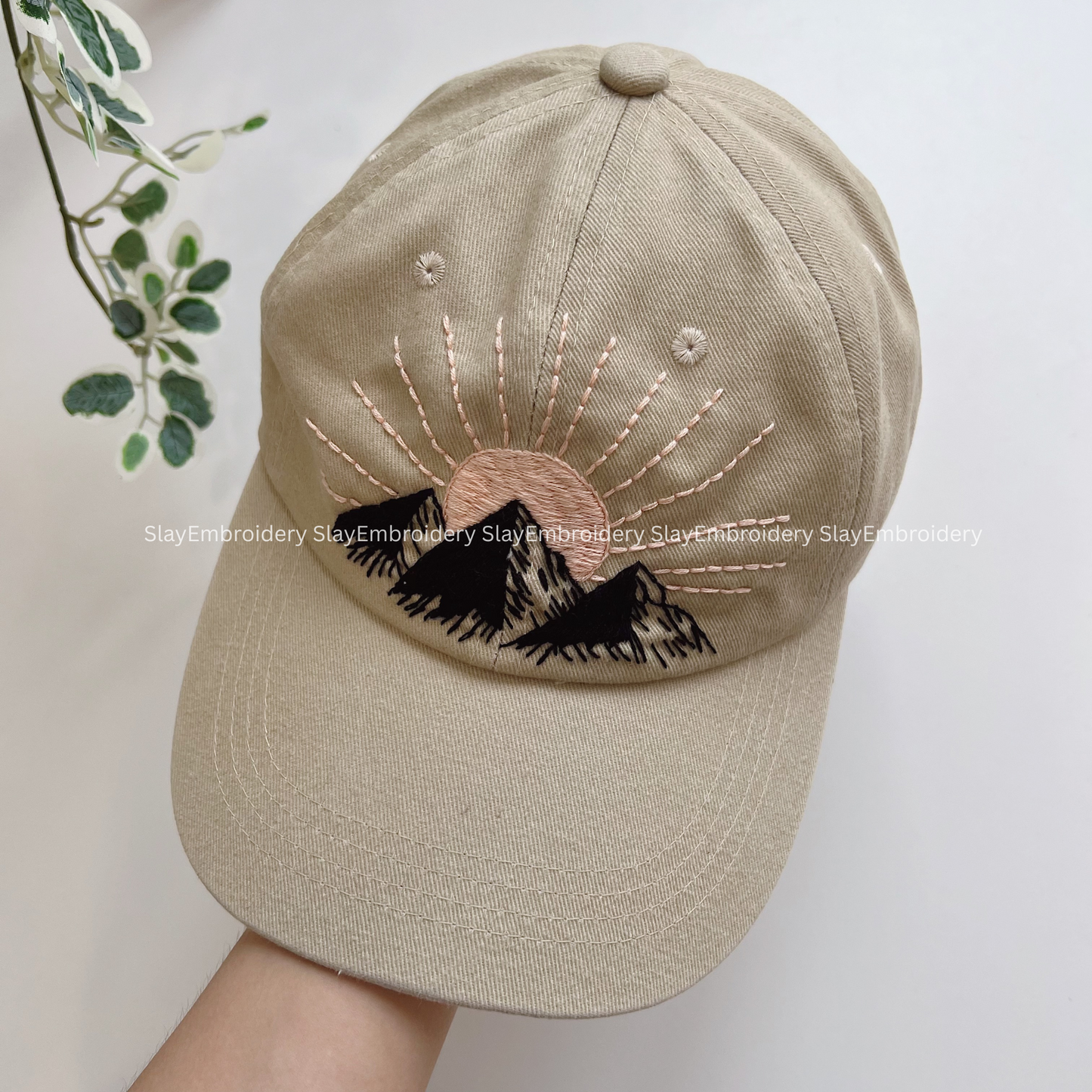 Sun Over Mountains Summer Hand Embroidery Hat Vintage Hat Washed Baseball Cap