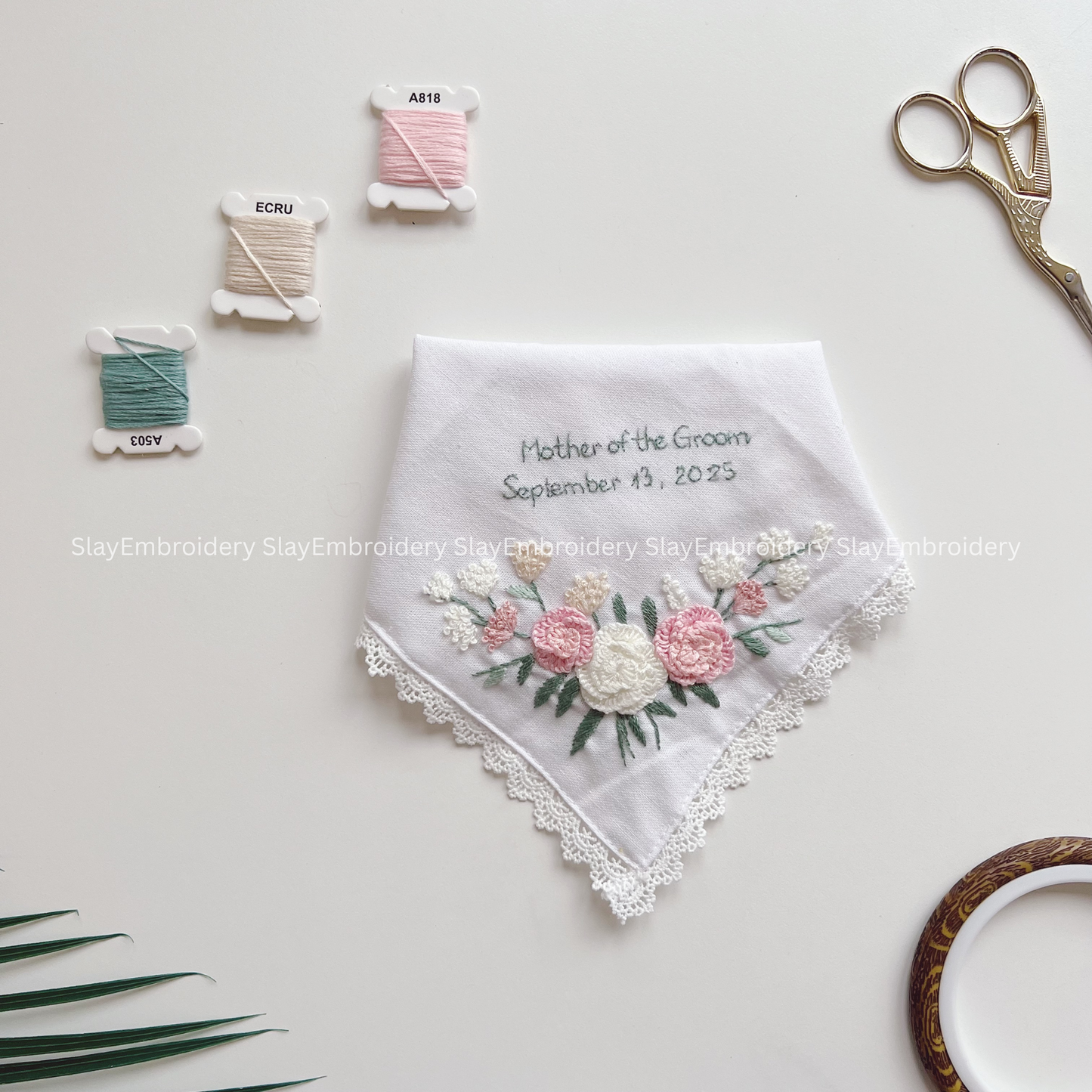 3D Pink Roses Wedding Handkerchief, Custom Embroidered Handkerchief, Linen Handkerchiefs