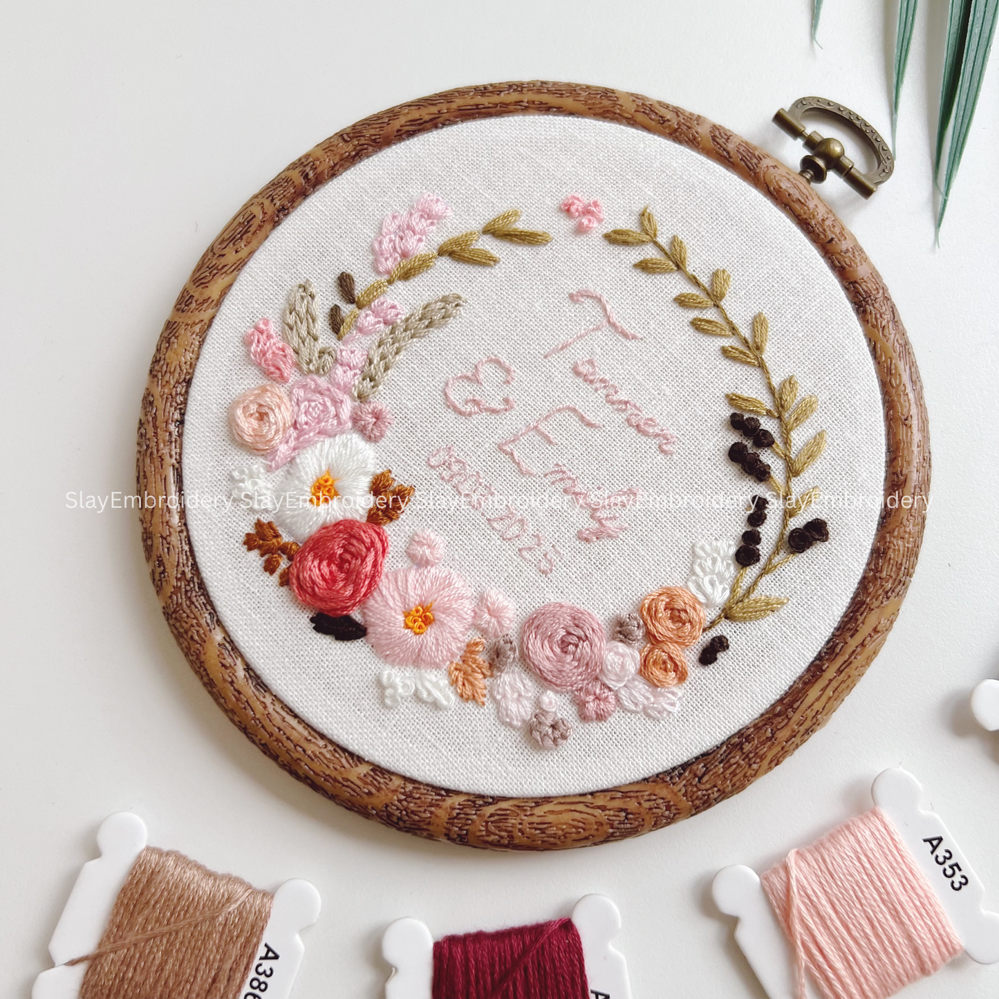 Custom Embroidered Rosy Wreath Wedding Hoop Custom Floral Wedding Hoops Wedding Gift