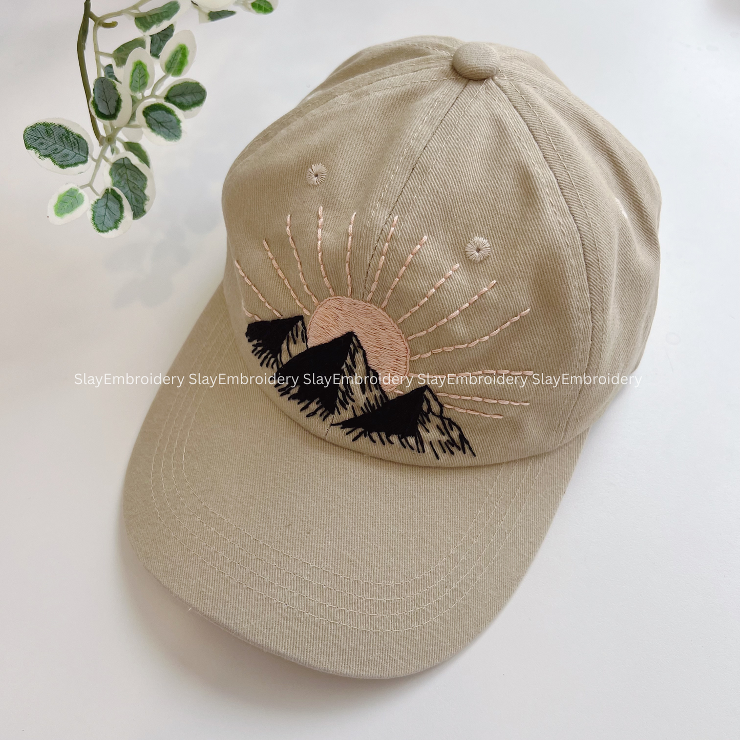 Sun Over Mountains Summer Hand Embroidery Hat Vintage Hat Washed Baseball Cap