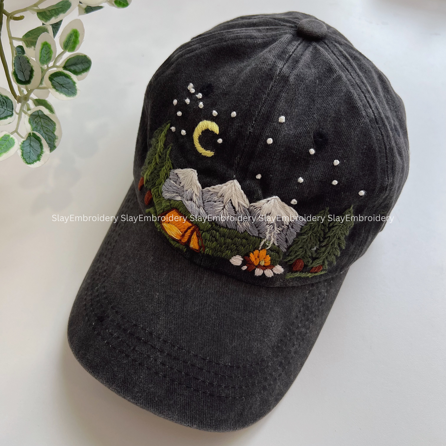 Night In The Mountains Summer Hand Embroidery Hat Vintage Hat Washed Baseball Cap