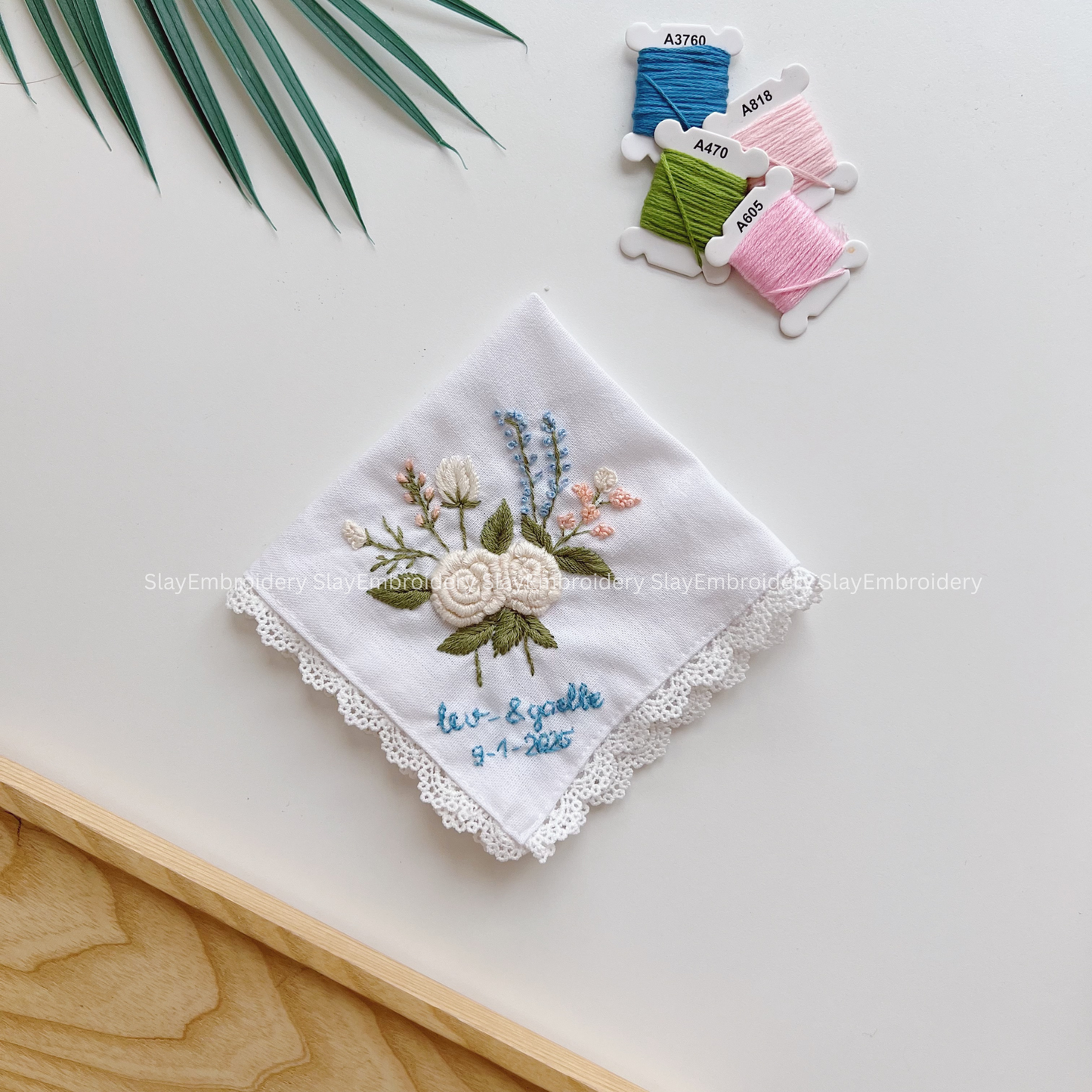 3D Floral Wedding Handkerchief, Custom Embroidered Handkerchief, Linen Handkerchiefs
