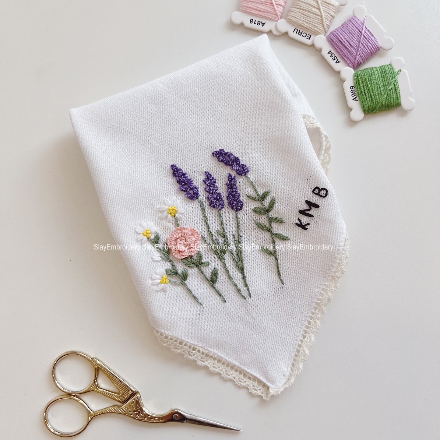 3D Lavender Daisy Wedding Handkerchief, Custom Embroidered Handkerchief, Linen Handkerchiefs