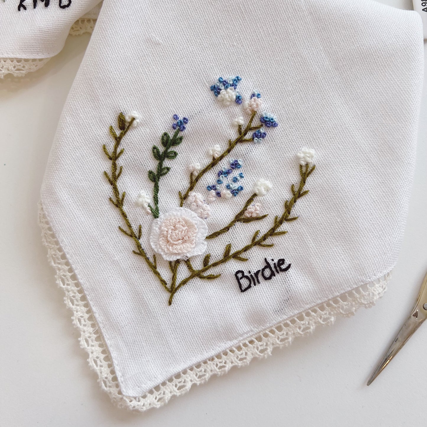 3D Rose Wild Flowers Wedding Handkerchief, Custom Embroidered Handkerchief, Linen Handkerchiefs
